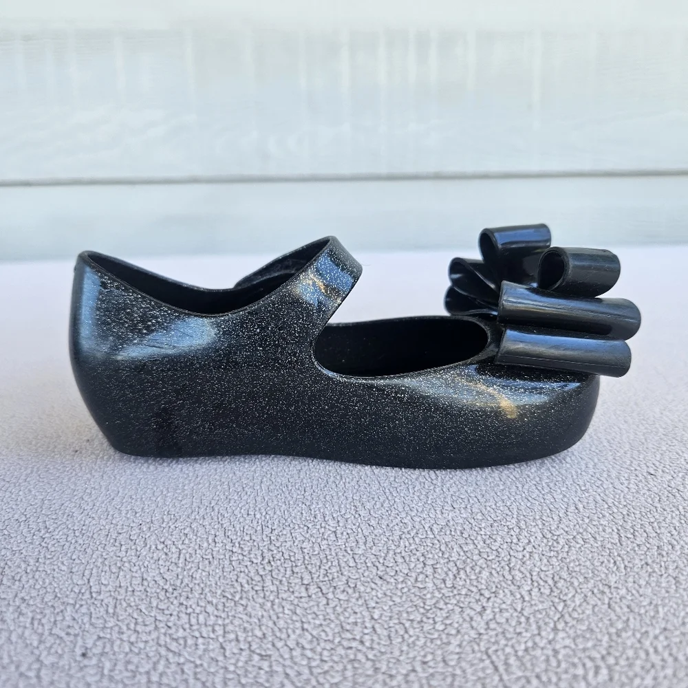 Mini Melissa Ultragirl Black Sparkle Bow Mary Jane Jelly Flats SZ 8 Hook & Loop